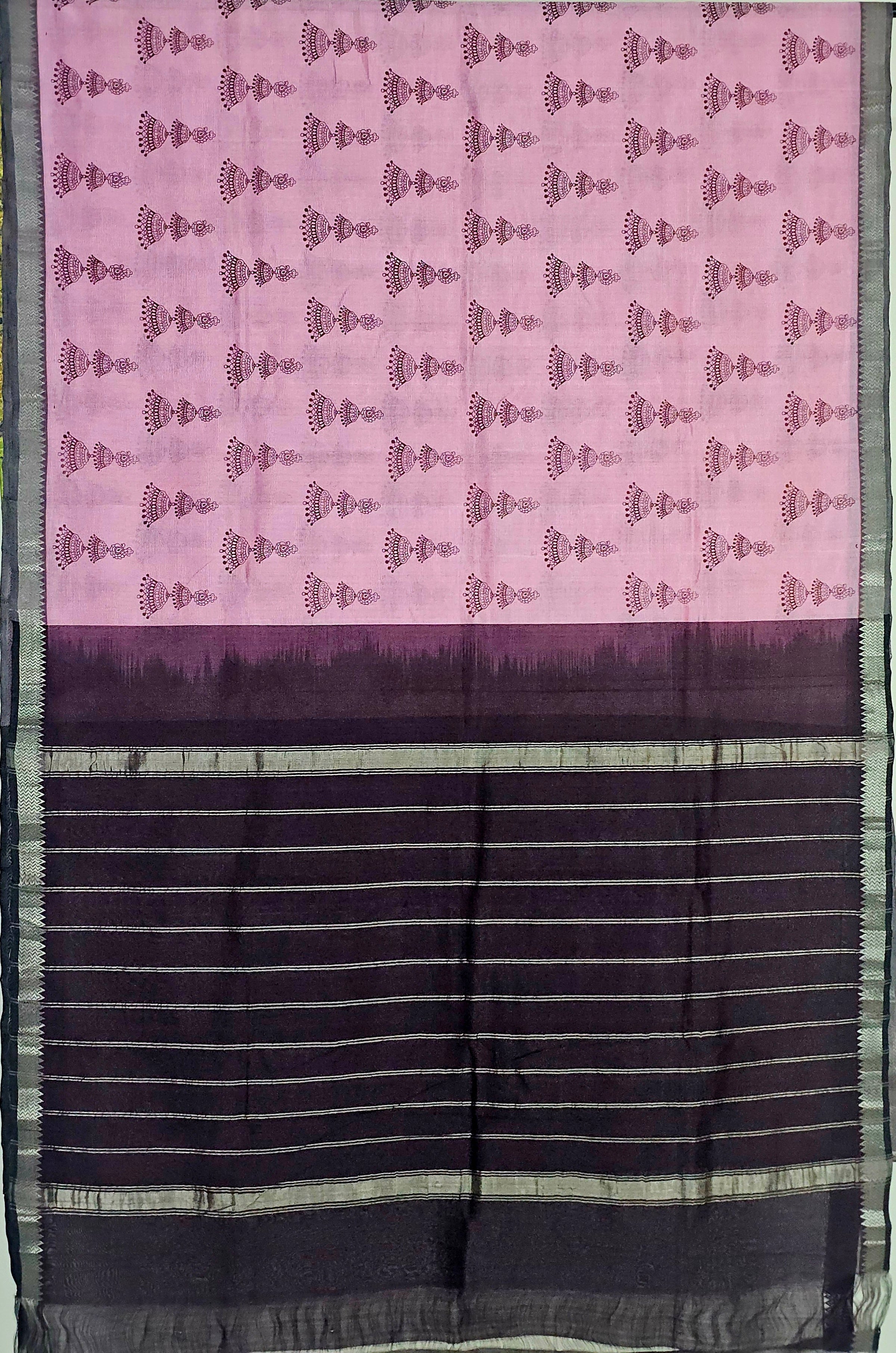 Manohari – Pink & Brown Handloom Mangalagiri Silk Cotton Saree with Jhumka Print - Kleemkaara