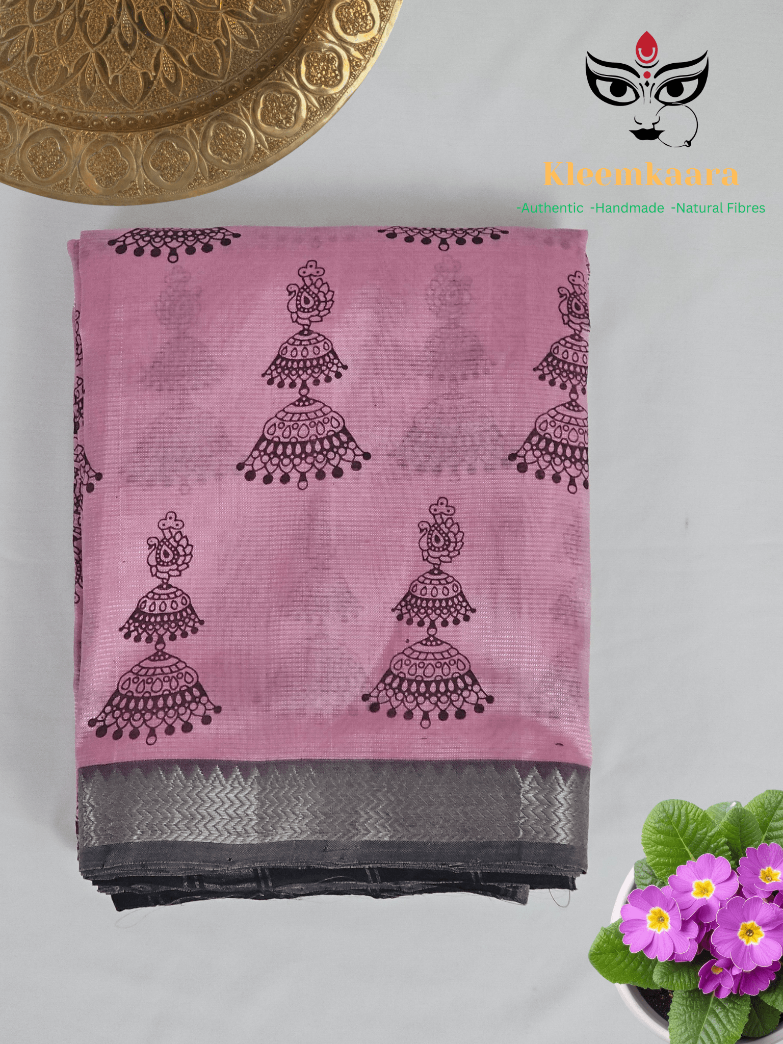 Manohari – Pink & Brown Handloom Mangalagiri Silk Cotton Saree with Jhumka Print - Kleemkaara