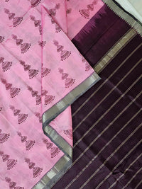 Manohari – Pink & Brown Handloom Mangalagiri Silk Cotton Saree with Jhumka Print - Kleemkaara