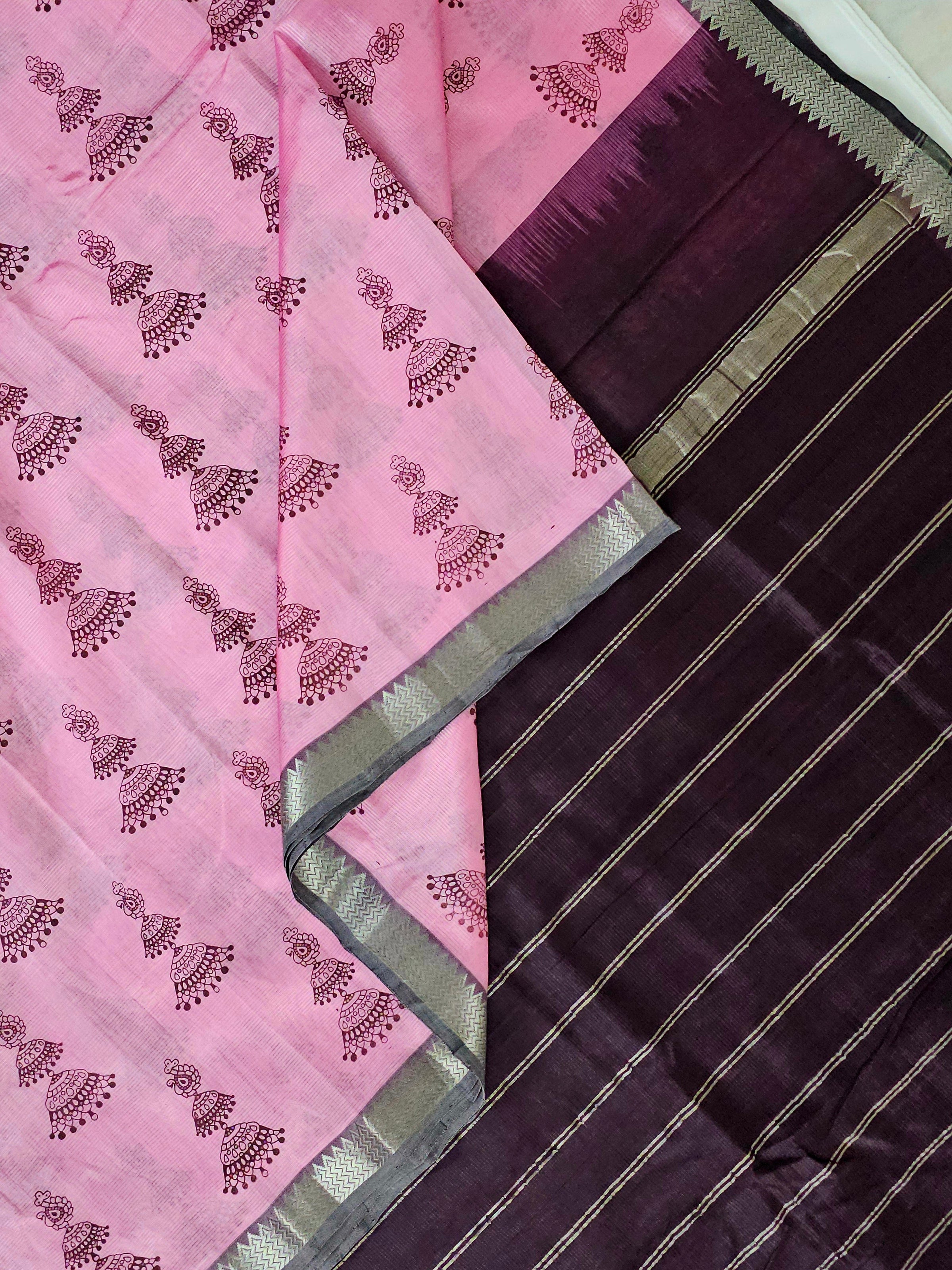 Manohari – Pink & Brown Handloom Mangalagiri Silk Cotton Saree with Jhumka Print - Kleemkaara