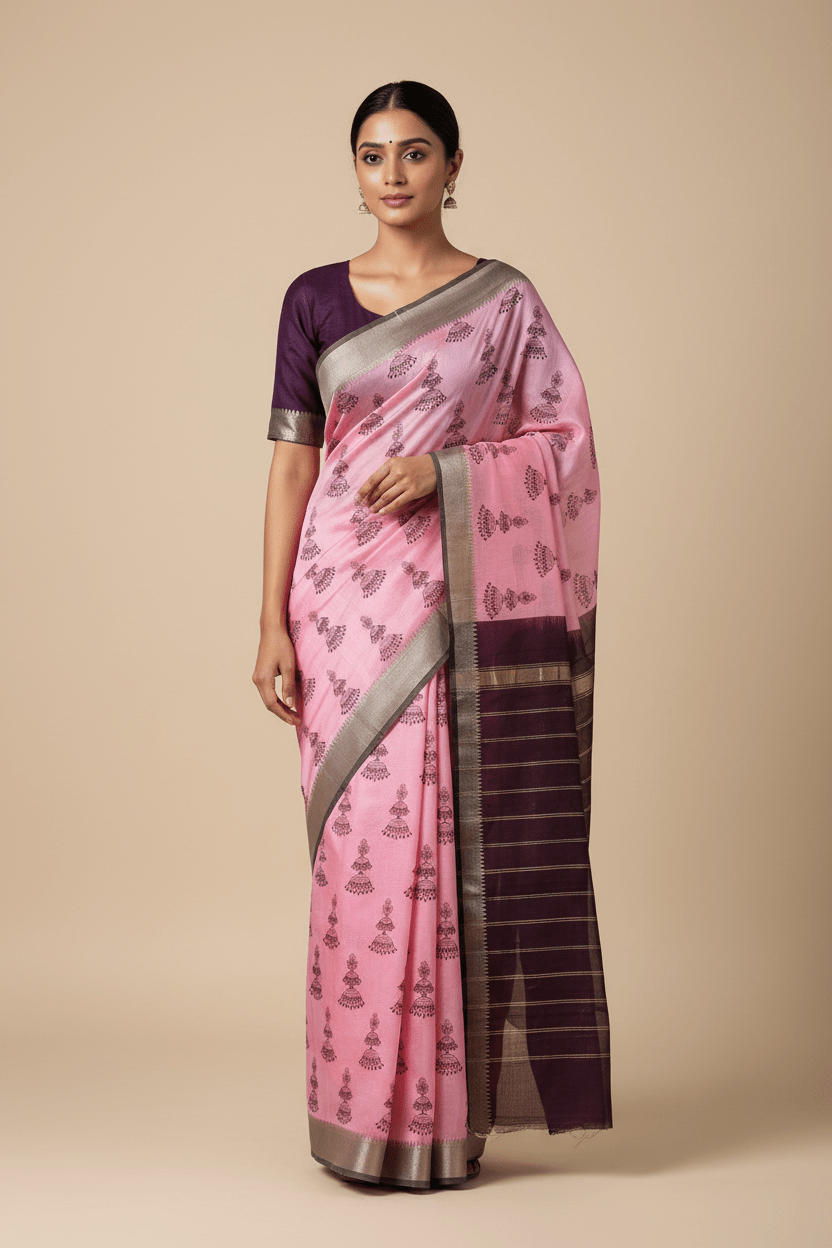 Manohari – Pink & Brown Handloom Mangalagiri Silk Cotton Saree with Jhumka Print - Kleemkaara