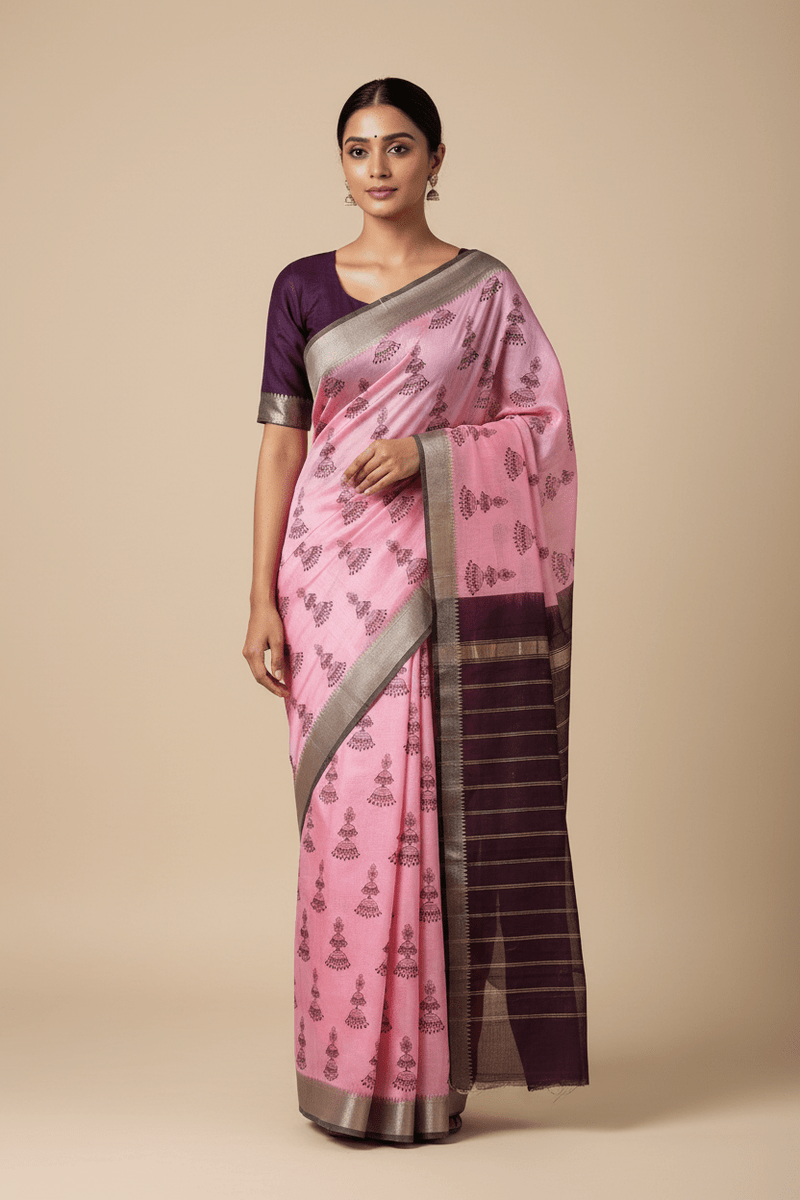 Manohari – Pink & Brown Handloom Mangalagiri Silk Cotton Saree with Jhumka Print - Kleemkaara