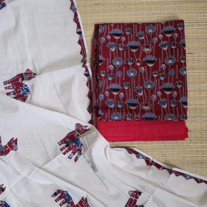 Maroon Ajrakh Hand Block Print Cotton Suit Material with Barmer Applique Mul Dupatta | 3-Piece Unstitched Set - Kleemkaara