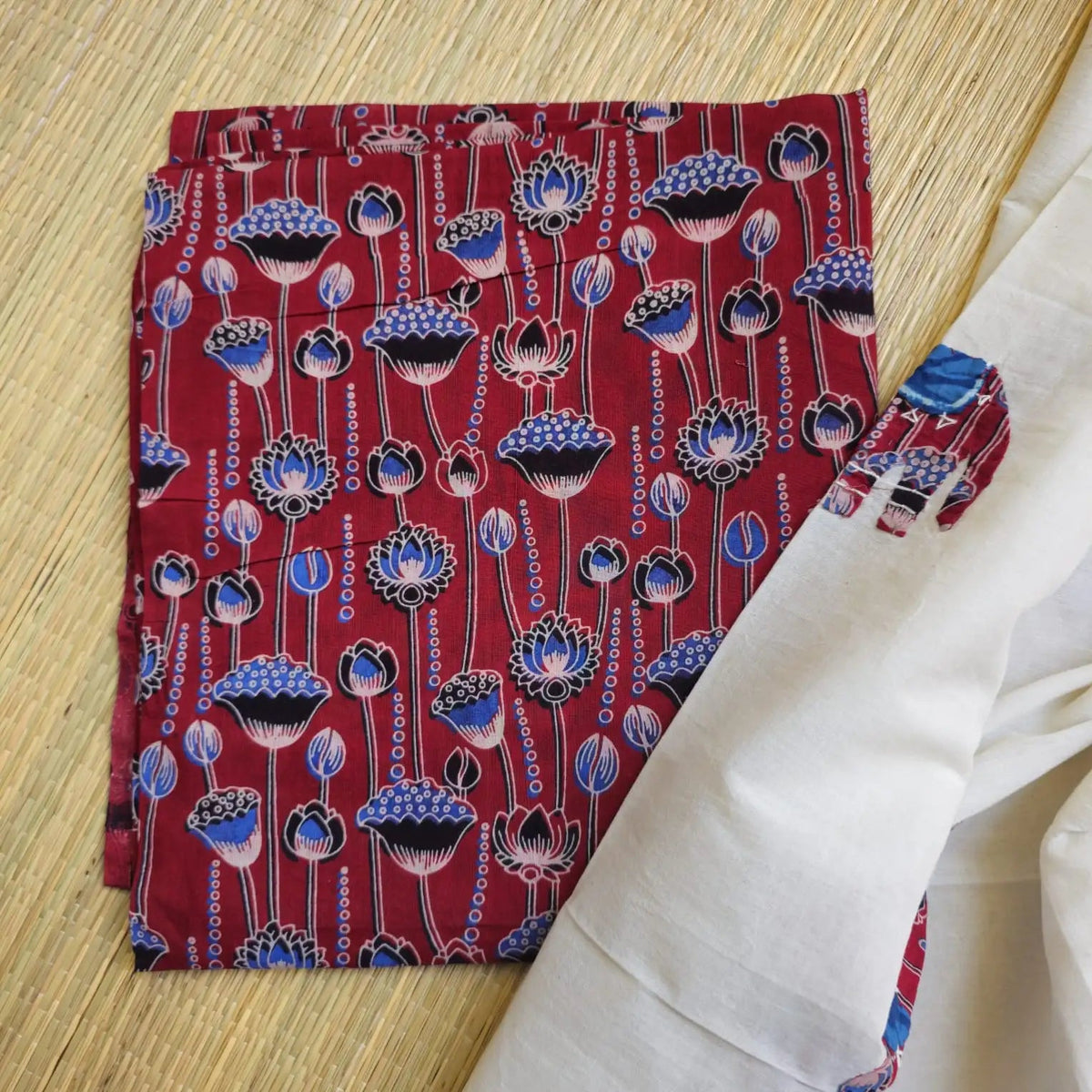 Maroon Ajrakh Hand Block Print Cotton Suit Material with Barmer Applique Mul Dupatta | 3-Piece Unstitched Set - Kleemkaara