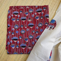 Maroon Ajrakh Hand Block Print Cotton Suit Material with Barmer Applique Mul Dupatta | 3-Piece Unstitched Set - Kleemkaara