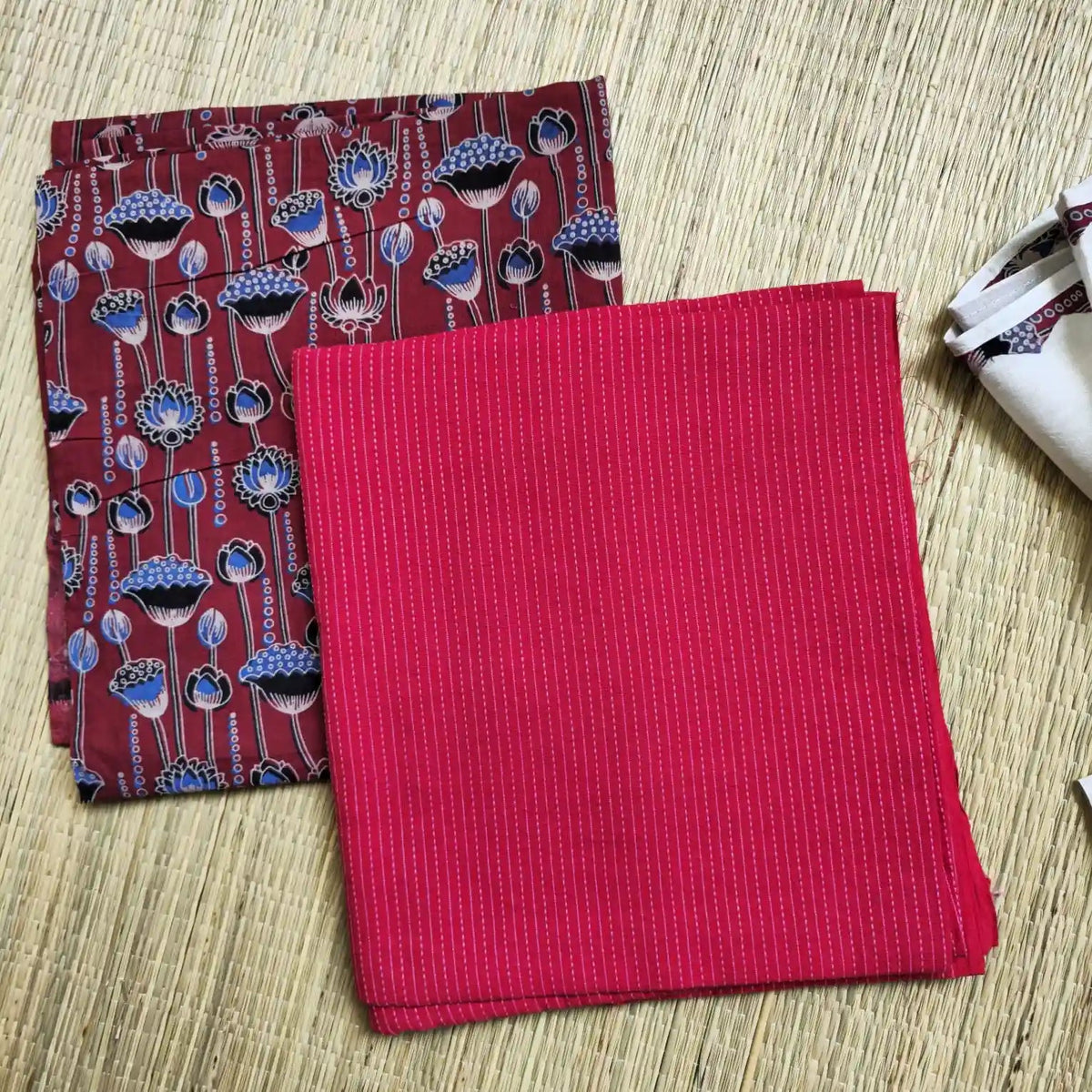 Maroon Ajrakh Hand Block Print Cotton Suit Material with Barmer Applique Mul Dupatta | 3-Piece Unstitched Set - Kleemkaara