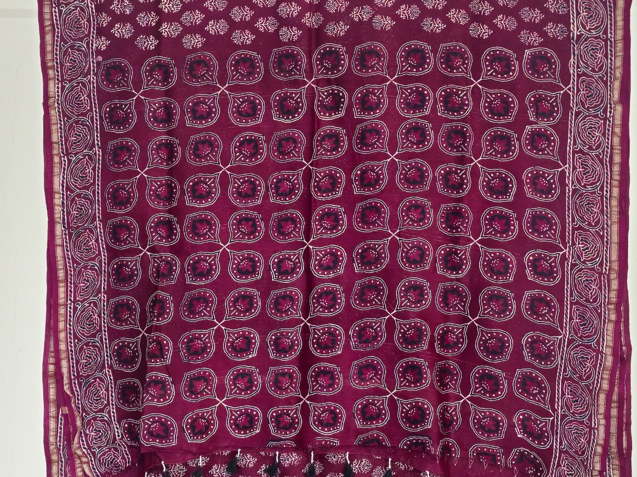 Maroon Ajrakh Handblock Printed Chanderi Silk Saree - Kleemkaara