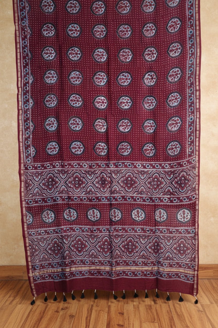 Maroon Ajrakh Handblock Printed Chanderi Silk Saree - Kleemkaara