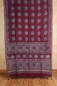 Maroon Ajrakh Handblock Printed Chanderi Silk Saree - Kleemkaara