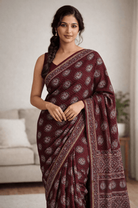 Maroon Ajrakh Handblock Printed Chanderi Silk Saree - Kleemkaara