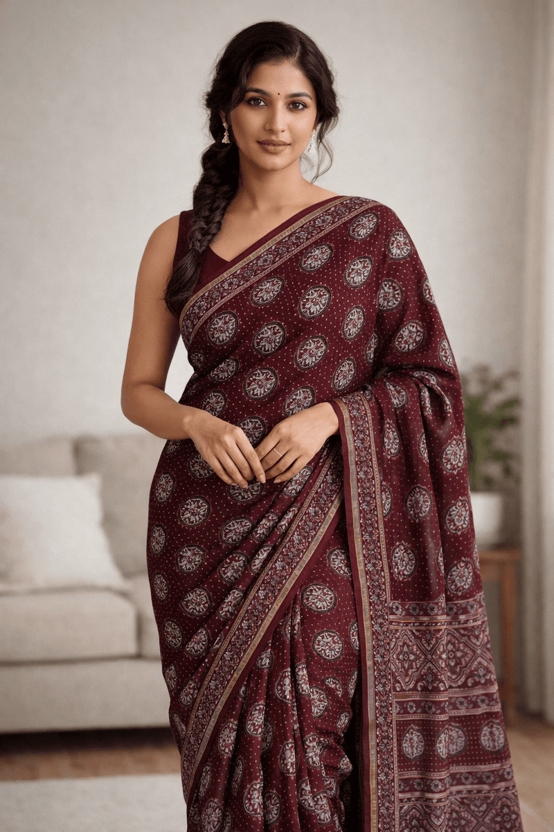 Maroon Ajrakh Handblock Printed Chanderi Silk Saree - Kleemkaara