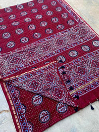 Maroon Ajrakh Handblock Printed Chanderi Silk Saree - Kleemkaara
