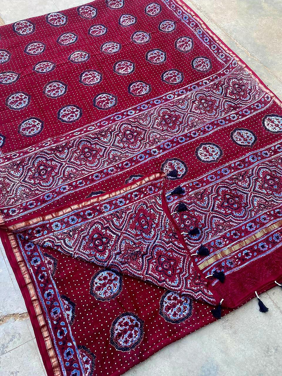 Maroon Ajrakh Handblock Printed Chanderi Silk Saree - Kleemkaara