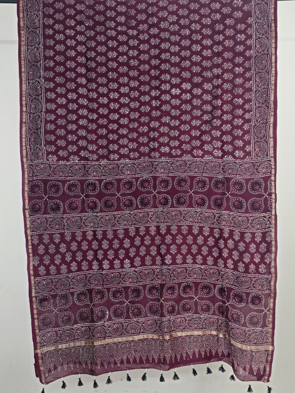 Maroon Ajrakh Handblock Printed Chanderi Silk Saree - Kleemkaara
