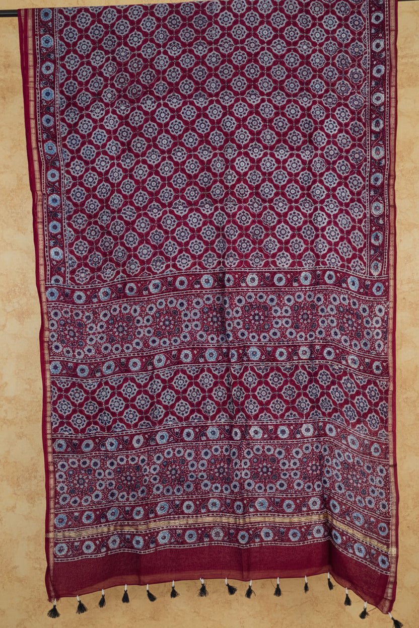 Maroon Ajrakh Handblock Printed Chanderi Silk Saree - Kleemkaara