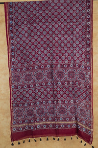 Maroon Ajrakh Handblock Printed Chanderi Silk Saree - Kleemkaara