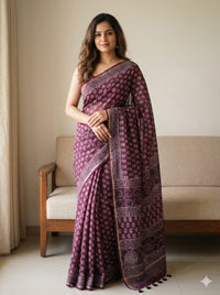 Maroon Ajrakh Handblock Printed Chanderi Silk Saree - Kleemkaara
