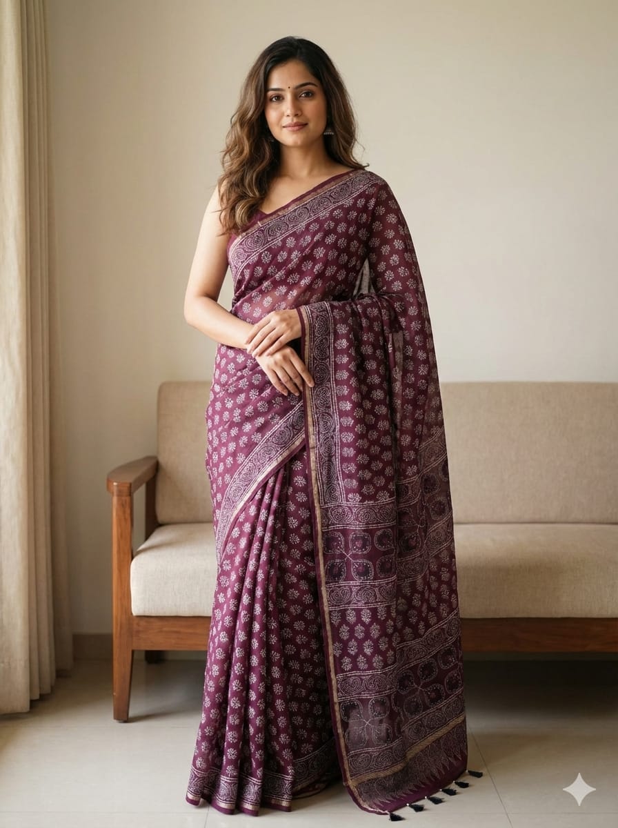 Maroon Ajrakh Handblock Printed Chanderi Silk Saree - Kleemkaara