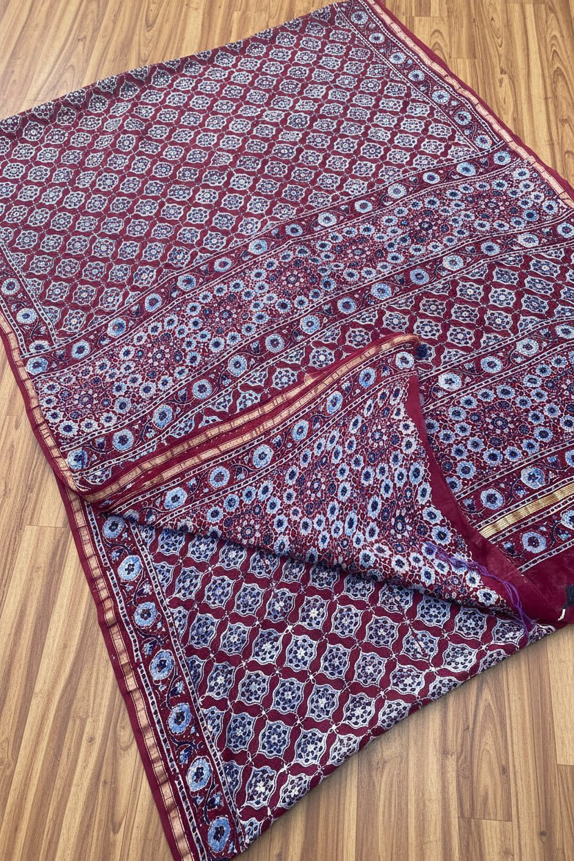 Maroon Ajrakh Handblock Printed Chanderi Silk Saree - Kleemkaara