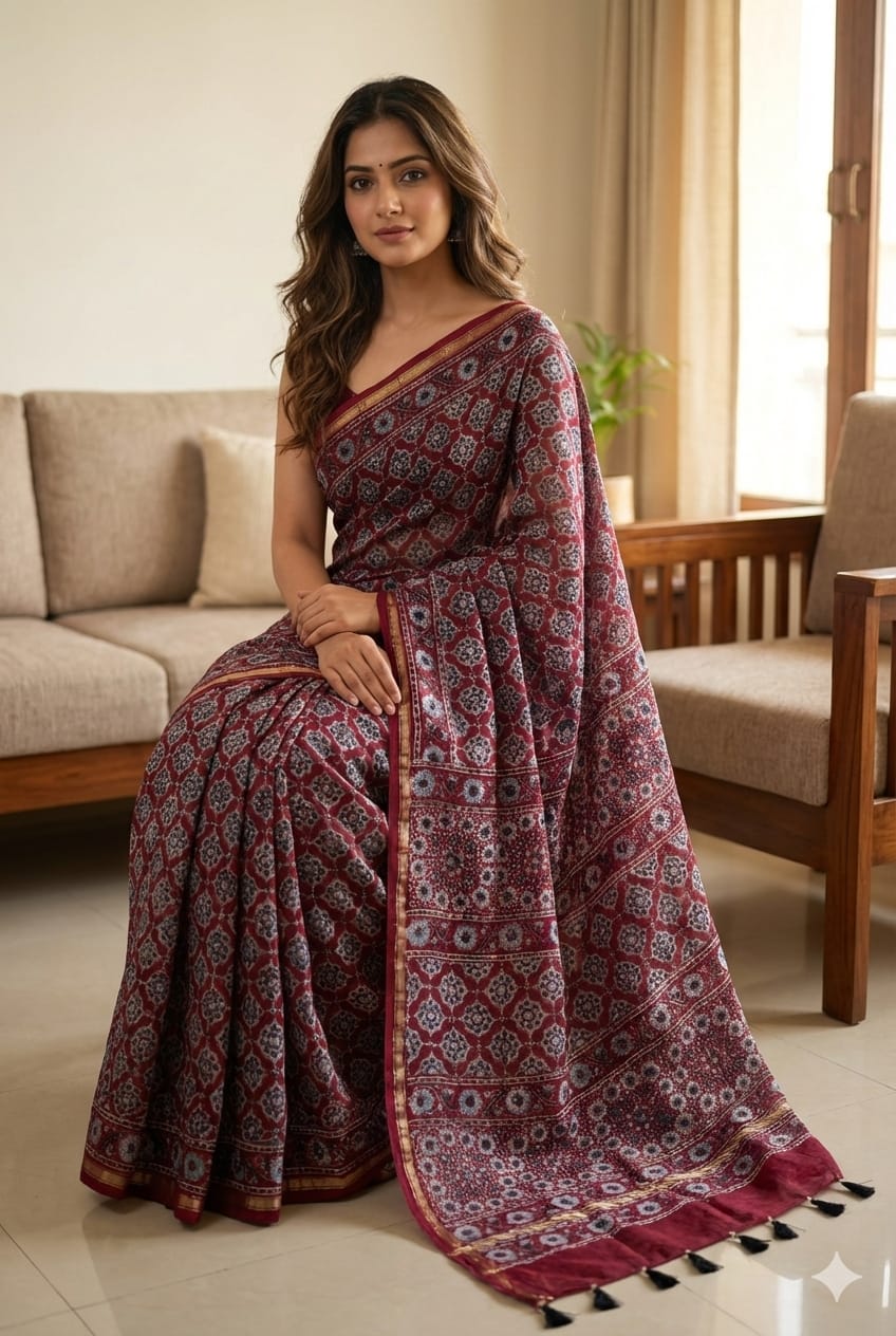 Maroon Ajrakh Handblock Printed Chanderi Silk Saree - Kleemkaara
