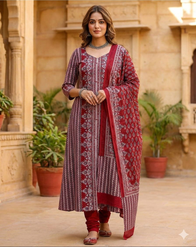 Maroon Ajrakh Handblock Printed Pure Cotton 2-Piece Dress Material - Kleemkaara