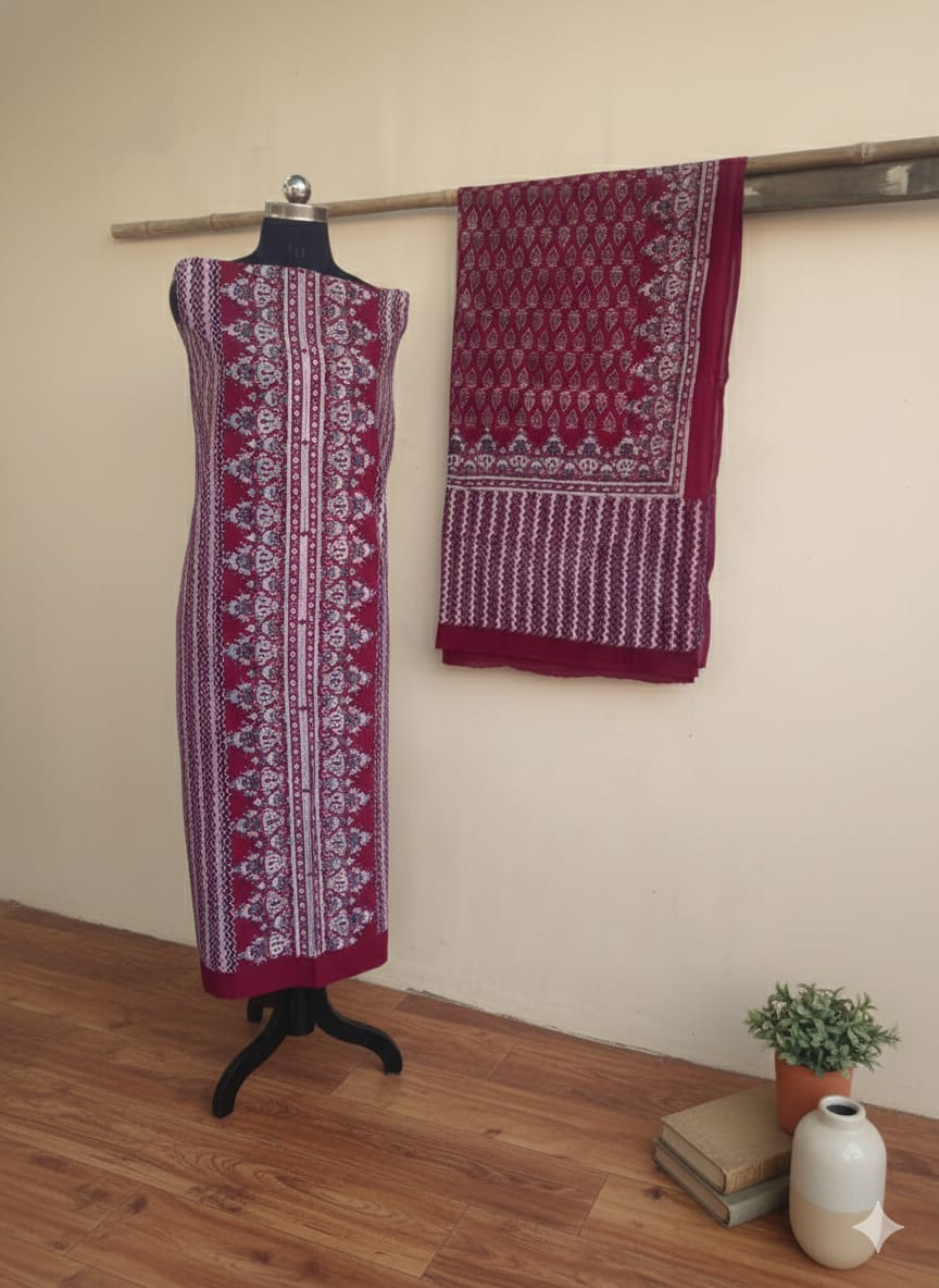 Maroon Ajrakh Handblock Printed Pure Cotton 2-Piece Dress Material - Kleemkaara