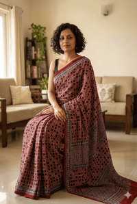 Maroon and Black Ajrakh Handblock Printed Modal Silk Saree - Kleemkaara
