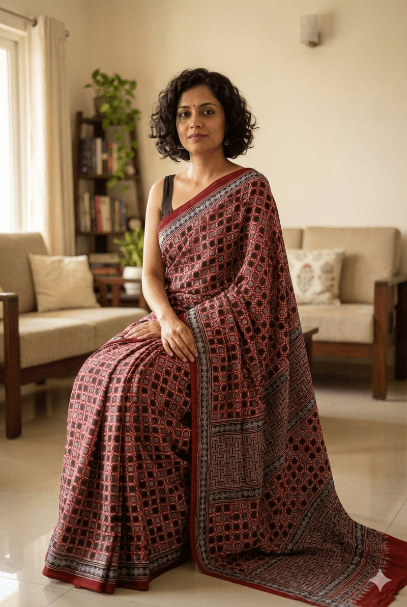 Maroon and Black Ajrakh Handblock Printed Modal Silk Saree - Kleemkaara