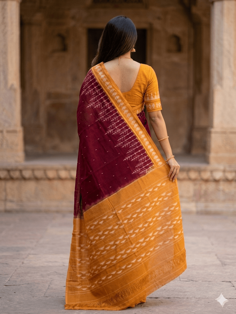 Maroon and Yellow Handloom Pochampally Ikkat Mercerized Cotton Saree - Kleemkaara