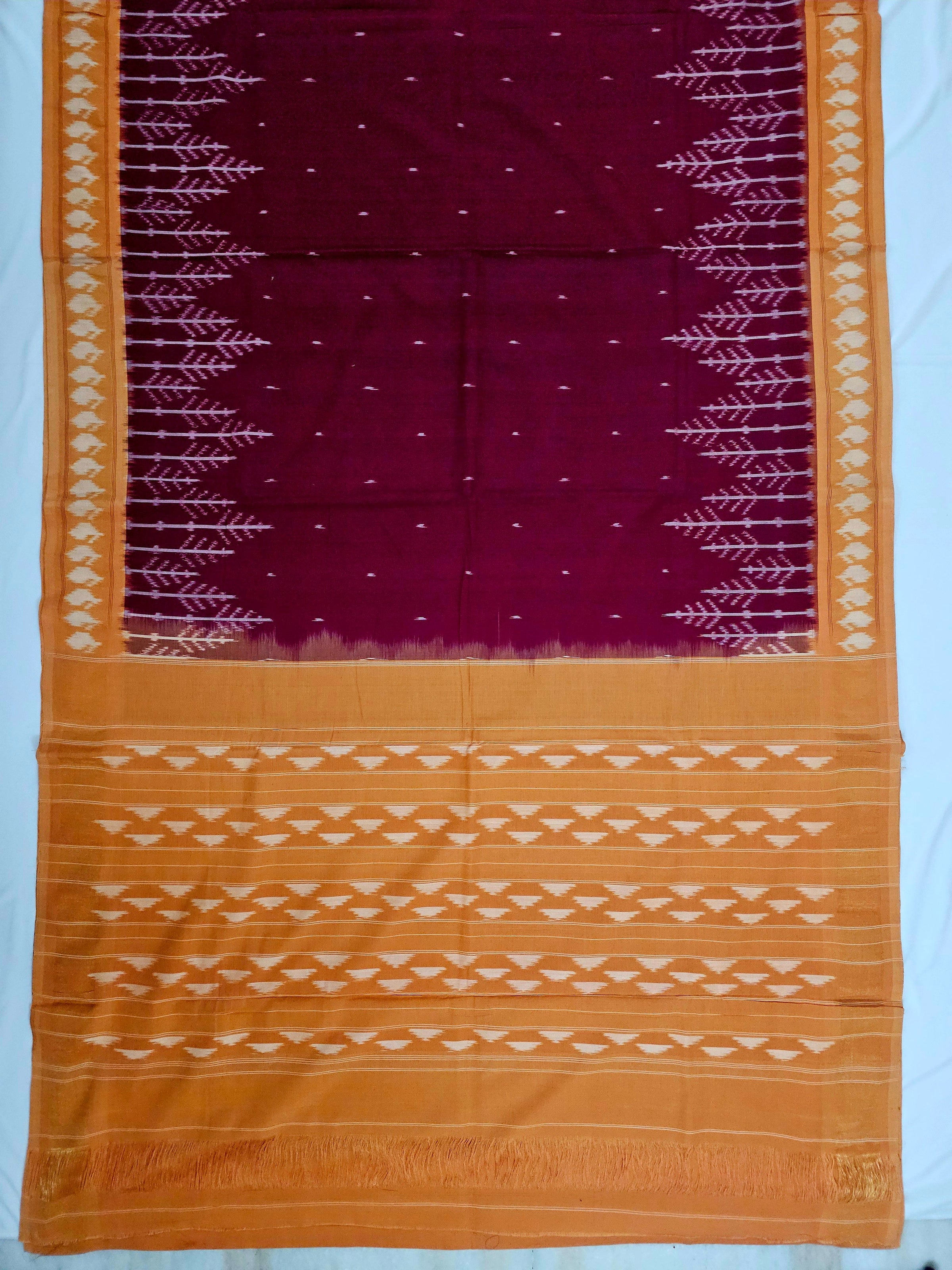 Maroon and Yellow Handloom Pochampally Ikkat Mercerized Cotton Saree - Kleemkaara
