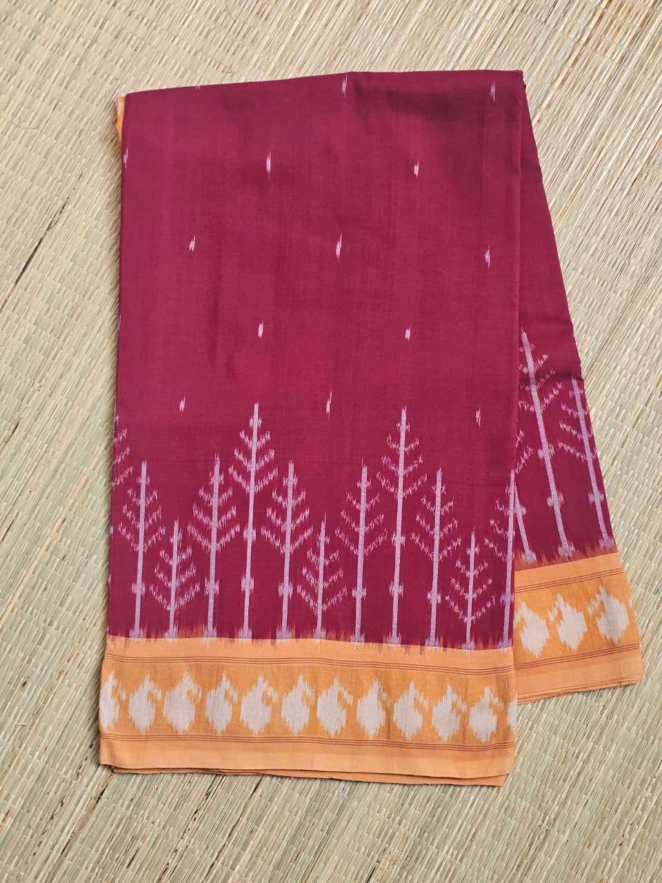 Maroon and Yellow Handloom Pochampally Ikkat Mercerized Cotton Saree - Kleemkaara