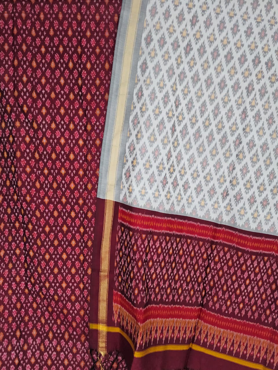 Maroon Pochampally Handloom Ikat Silk Cotton (Sico) Dress Material with White Dupatta - Kleemkaara