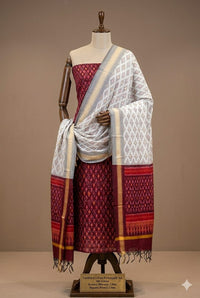 Maroon Pochampally Handloom Ikat Silk Cotton (Sico) Dress Material with White Dupatta - Kleemkaara