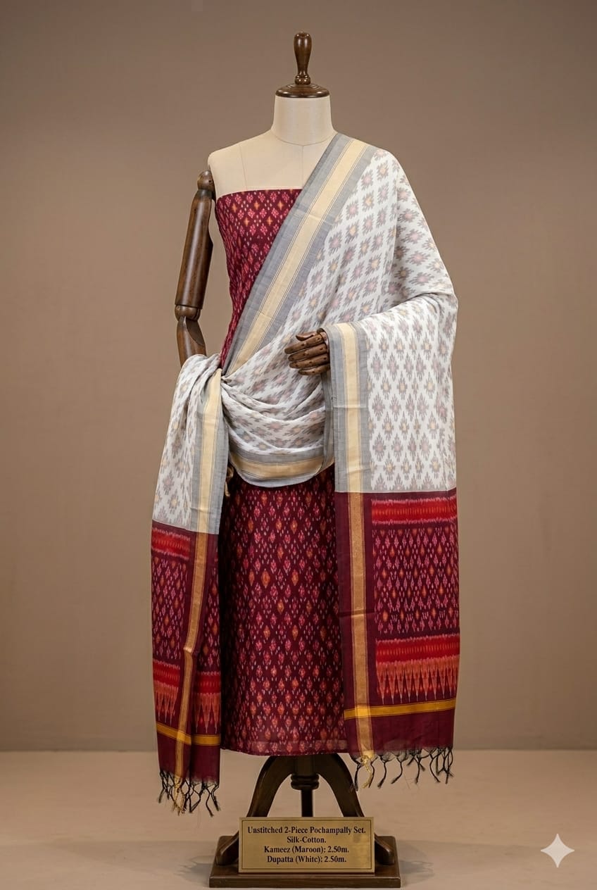 Maroon Pochampally Handloom Ikat Silk Cotton (Sico) Dress Material with White Dupatta - Kleemkaara