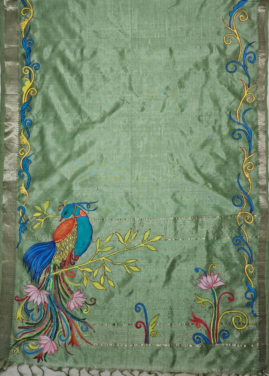 Mayurangana – Hand-Painted Handloom Mangalagiri Silk Cotton Saree - Kleemkaara