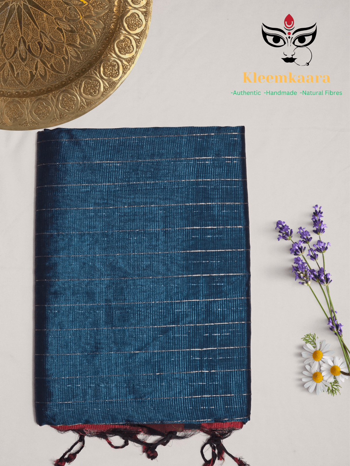 Mayurika – Peacock Blue Handloom Mangalagiri Silk Cotton Saree with Maroon Border - Kleemkaara