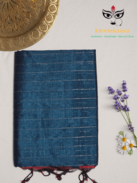 Mayurika – Peacock Blue Handloom Mangalagiri Silk Cotton Saree with Maroon Border - Kleemkaara