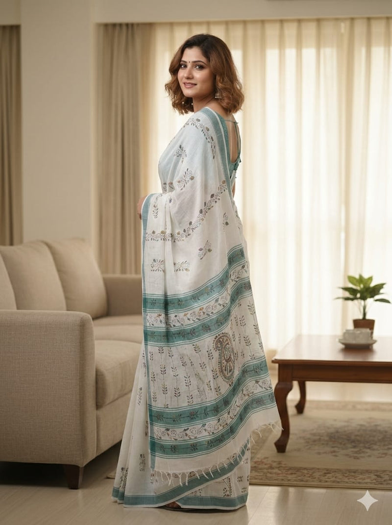 Mrinalika – White Kantha Hand Embroidered Cotton Saree with Teal Border - Kleemkaara