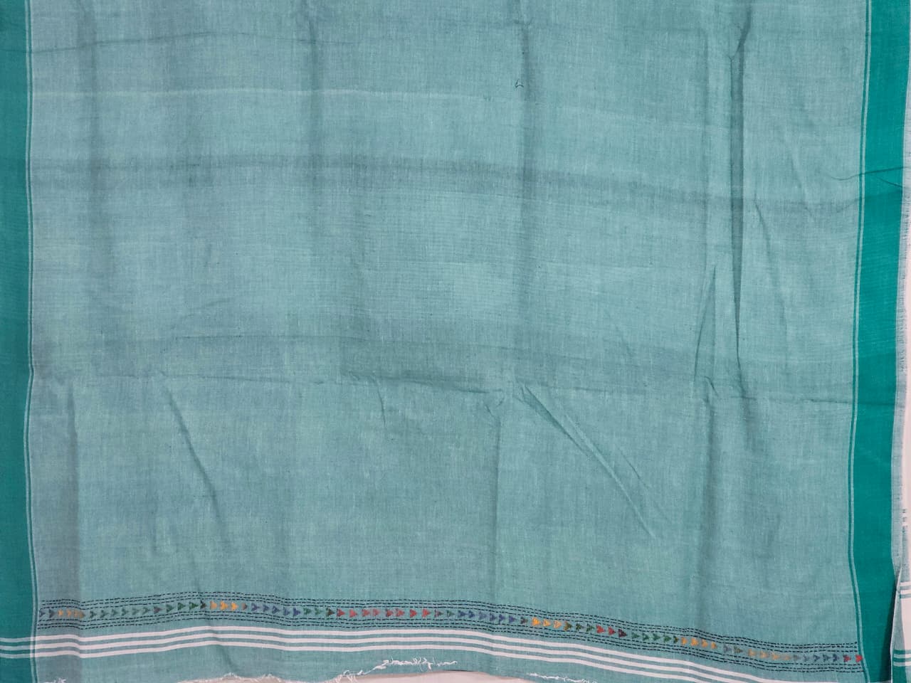 Mrinalika – White Kantha Hand Embroidered Cotton Saree with Teal Border - Kleemkaara