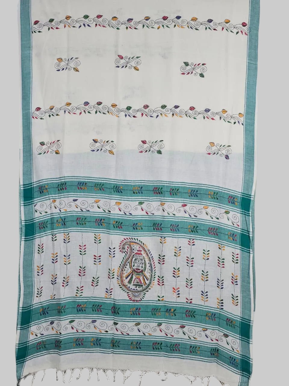 Mrinalika – White Kantha Hand Embroidered Cotton Saree with Teal Border - Kleemkaara