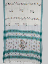 Mrinalika – White Kantha Hand Embroidered Cotton Saree with Teal Border - Kleemkaara