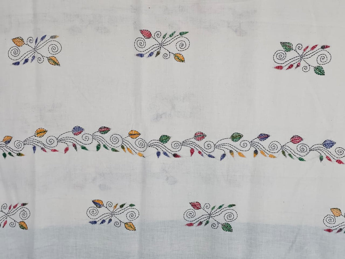 Mrinalika – White Kantha Hand Embroidered Cotton Saree with Teal Border - Kleemkaara