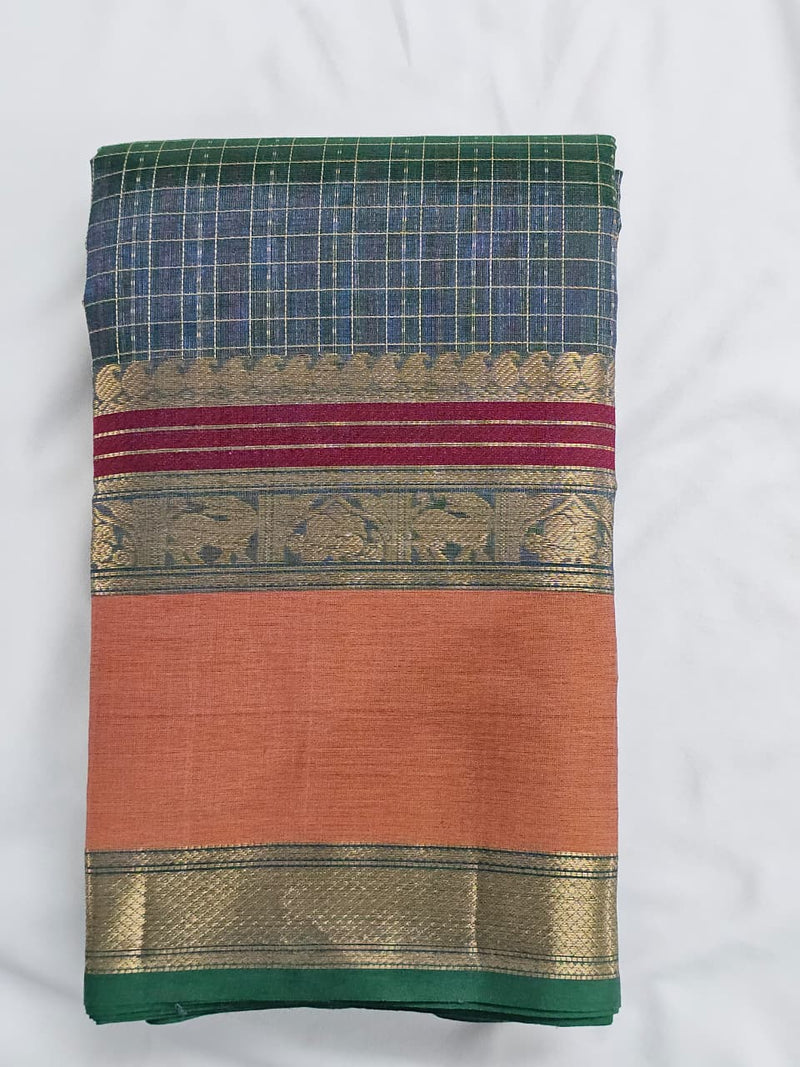 Muted Steel Blue Handloom Lakshadeepam Kanchi Silk Cotton Saree – Yazhi & Vairai Motif Zari Border - Kleemkaara