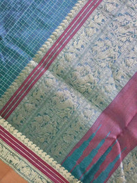 Muted Steel Blue Handloom Lakshadeepam Kanchi Silk Cotton Saree – Yazhi & Vairai Motif Zari Border - Kleemkaara