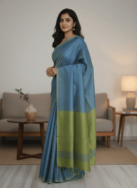 Neelavalli – Blue Handloom Mangalagiri Silk Cotton Saree with Parrot Green Border - Kleemkaara