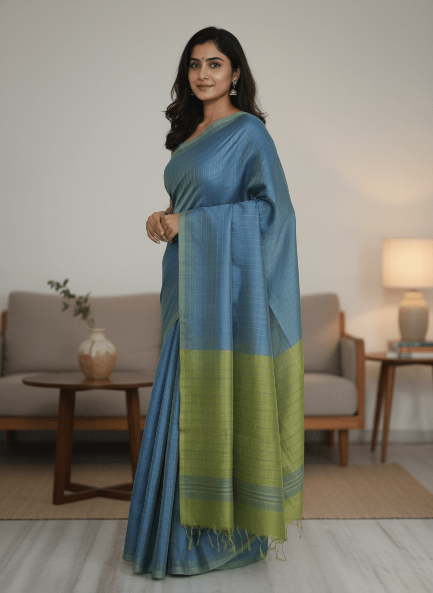 Neelavalli – Blue Handloom Mangalagiri Silk Cotton Saree with Parrot Green Border - Kleemkaara