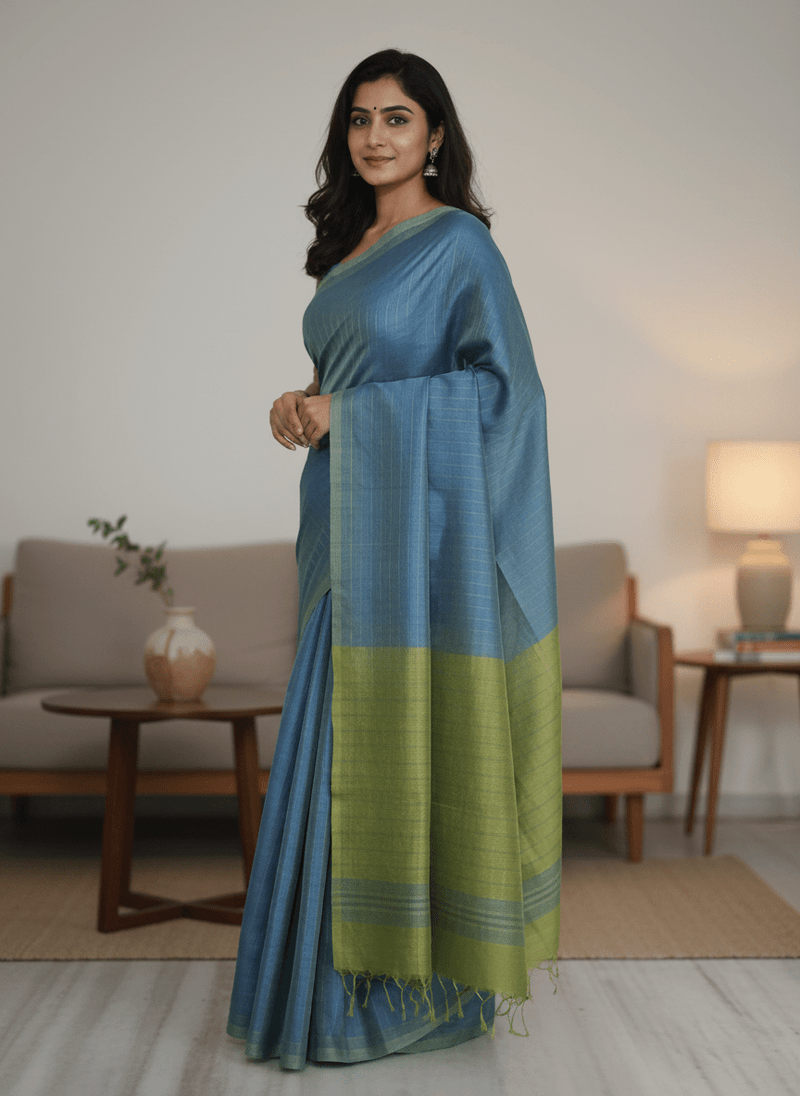 Neelavalli – Blue Handloom Mangalagiri Silk Cotton Saree with Parrot Green Border - Kleemkaara