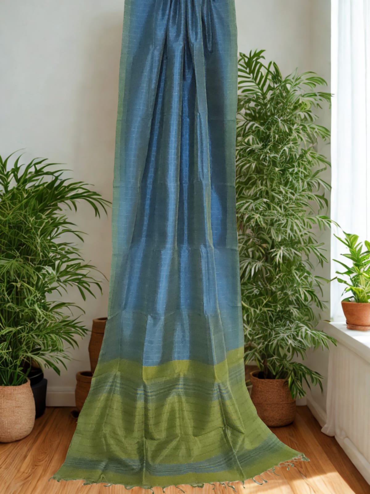 Neelavalli – Blue Handloom Mangalagiri Silk Cotton Saree with Parrot Green Border - Kleemkaara