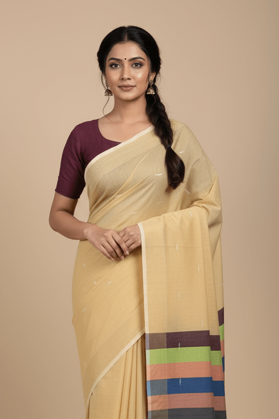 Nivritti – Yellow Khadi Cotton Saree with Woven Butis - Kleemkaara