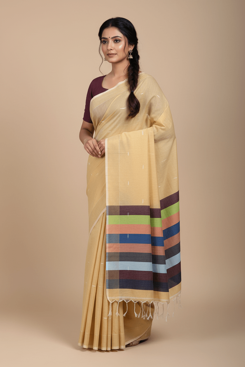 Nivritti – Yellow Khadi Cotton Saree with Woven Butis - Kleemkaara